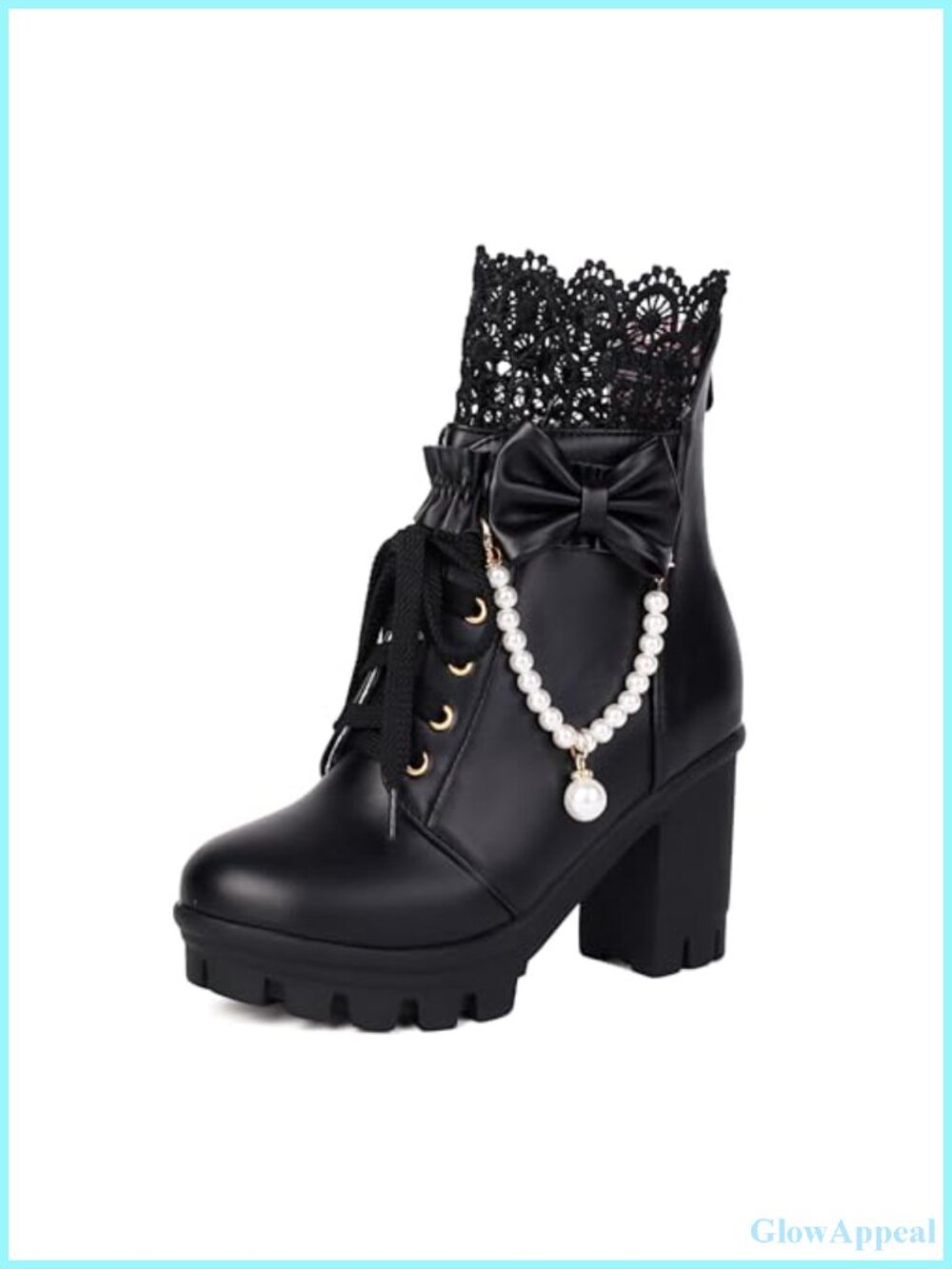 Gothic Platform Ankle Boots faux leather Lace-up Pearl Chain Bow Chunky Heel